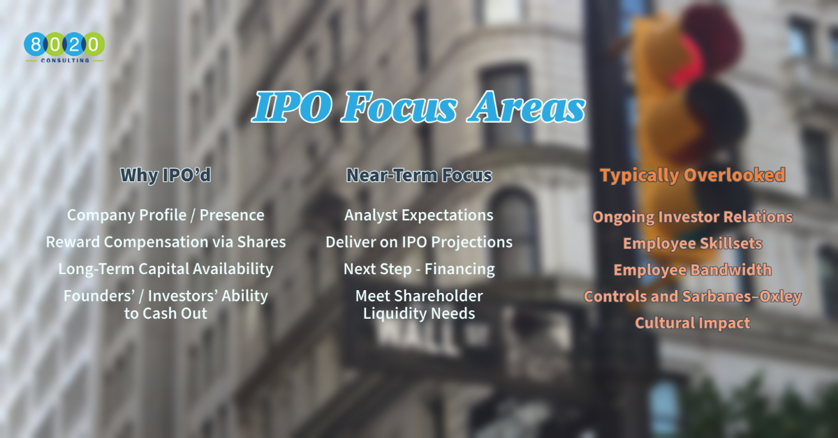 focus areas for successful ipos that are typically overlooked chart; includes why companies ipo and near-term focus areas